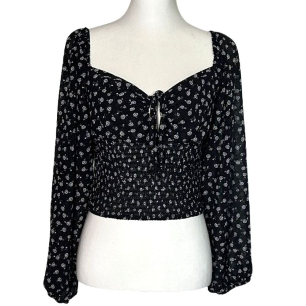 Love Tree Sheer Cropped Milkmaid Top Large Ditsy Floral Smocked Babydoll Y2k